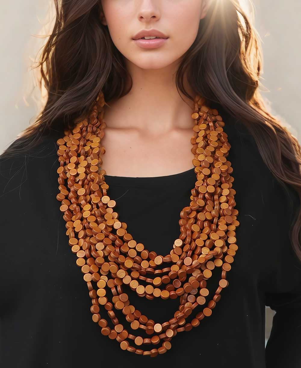 Multi-Strand Wood Disc Necklace in Burnt Amber