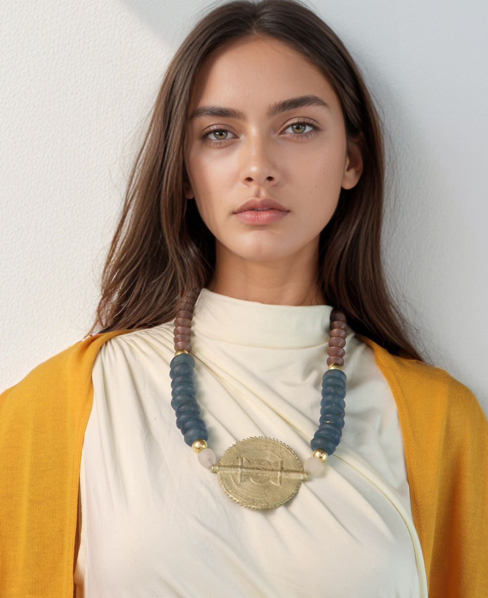 Hammered Brass Medallion Necklace, Teal Glass Discs