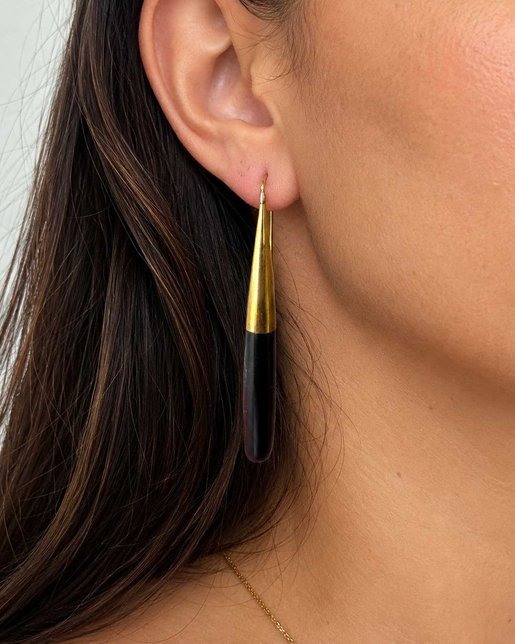 Elongated Horn and Brass Threader Earrings
