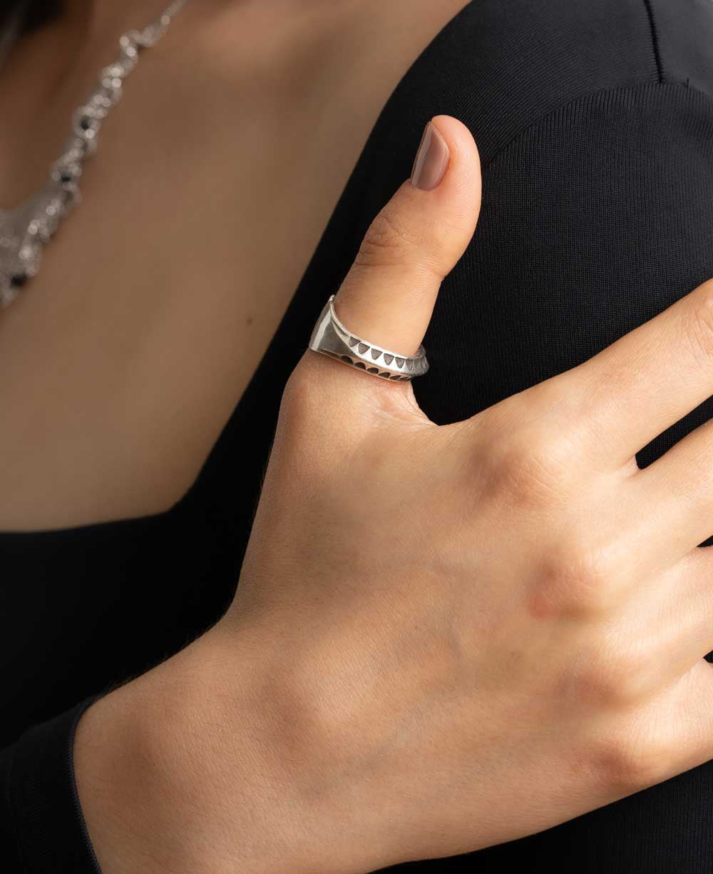Silver Curved Band Ring with Etched Triangle Border