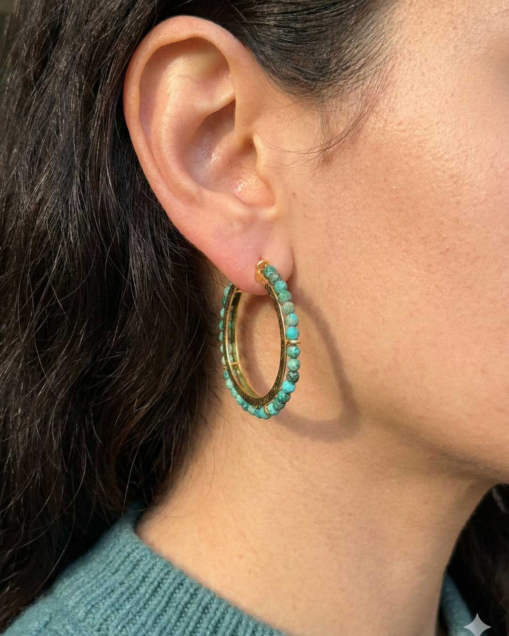 Turquoise Beaded Gold Hoops