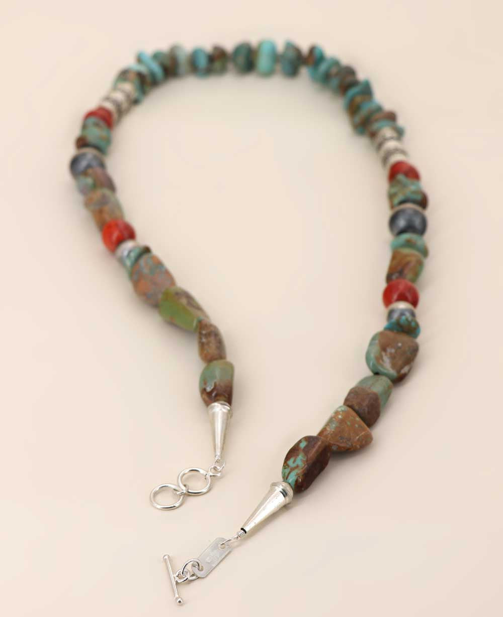 Kingman Turquoise Nugget Necklace with Coral and Silver