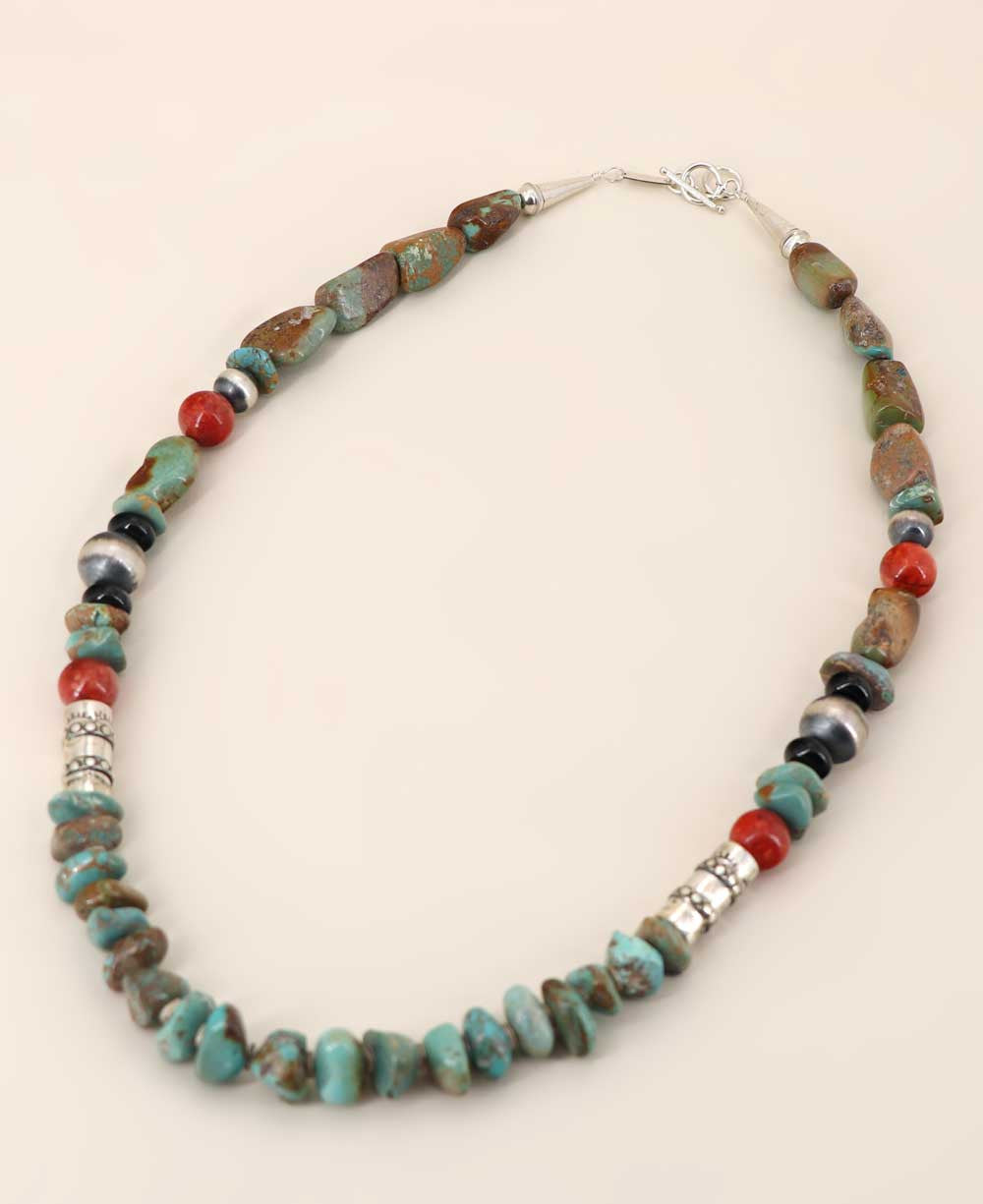 Kingman Turquoise Nugget Necklace with Coral and Silver