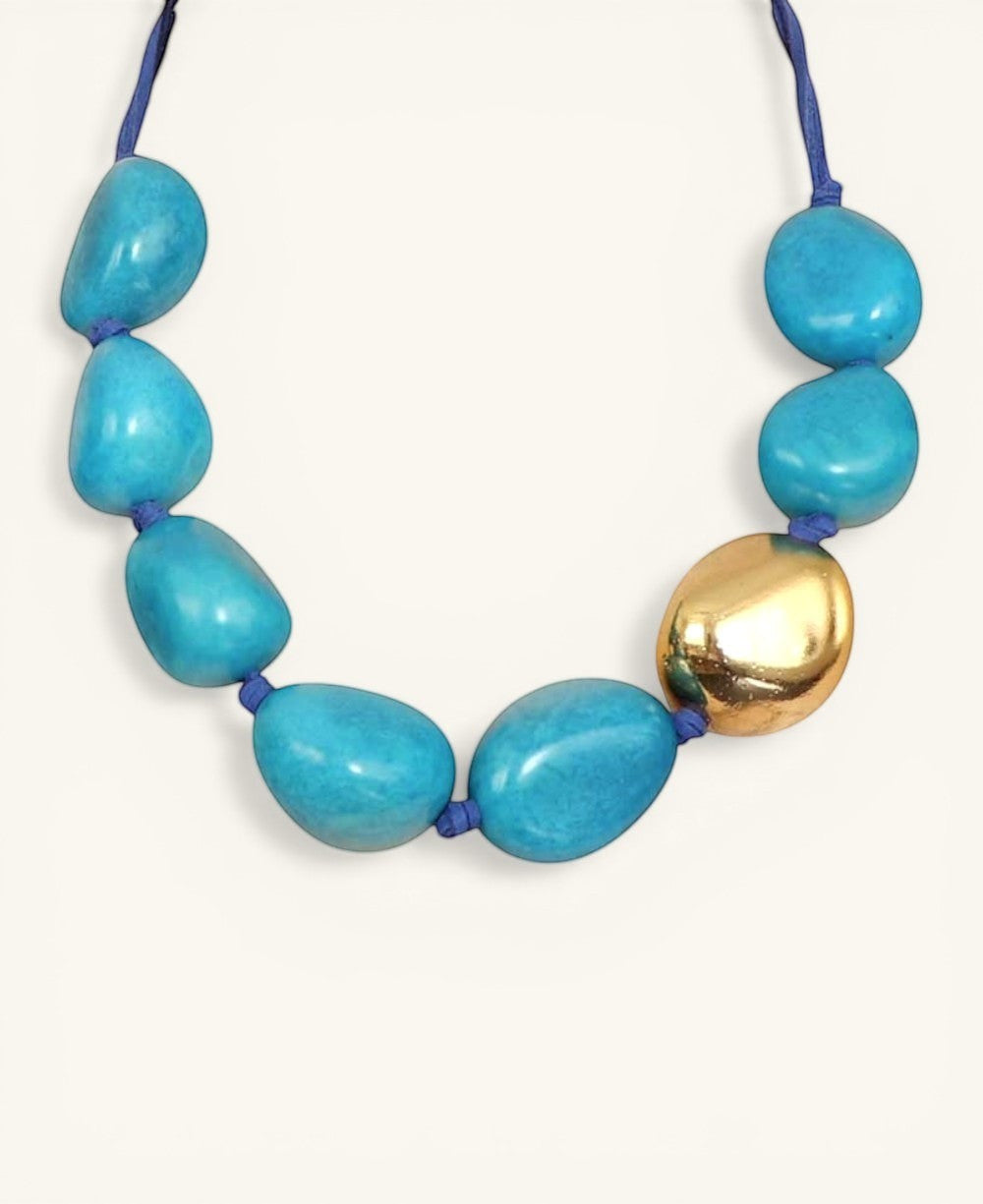 Turquoise Tagua Necklace with Gold Pod
