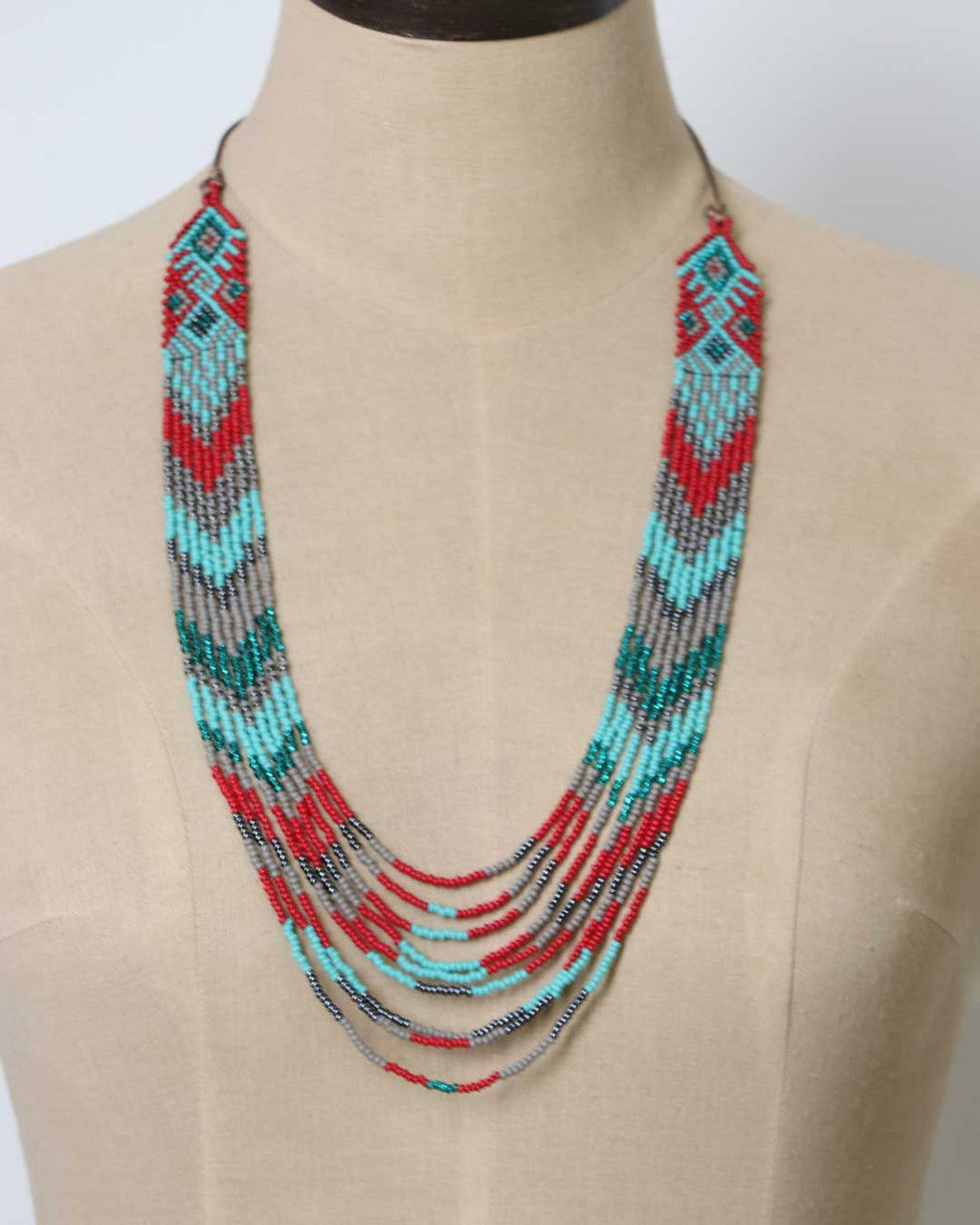 Turquoise, Red and Gray Diamond-Weave Beaded Necklace