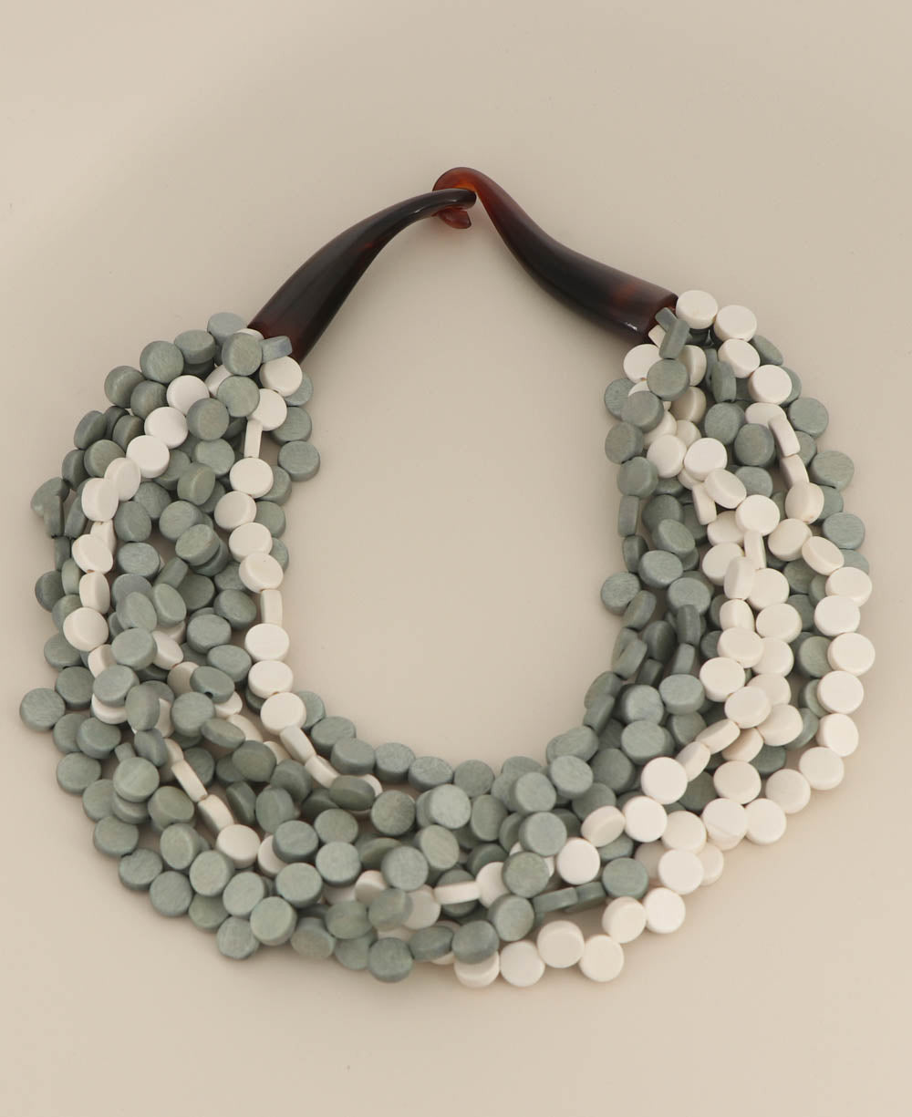 Nine-Strand Wood Disc Necklace, Gray and Cream