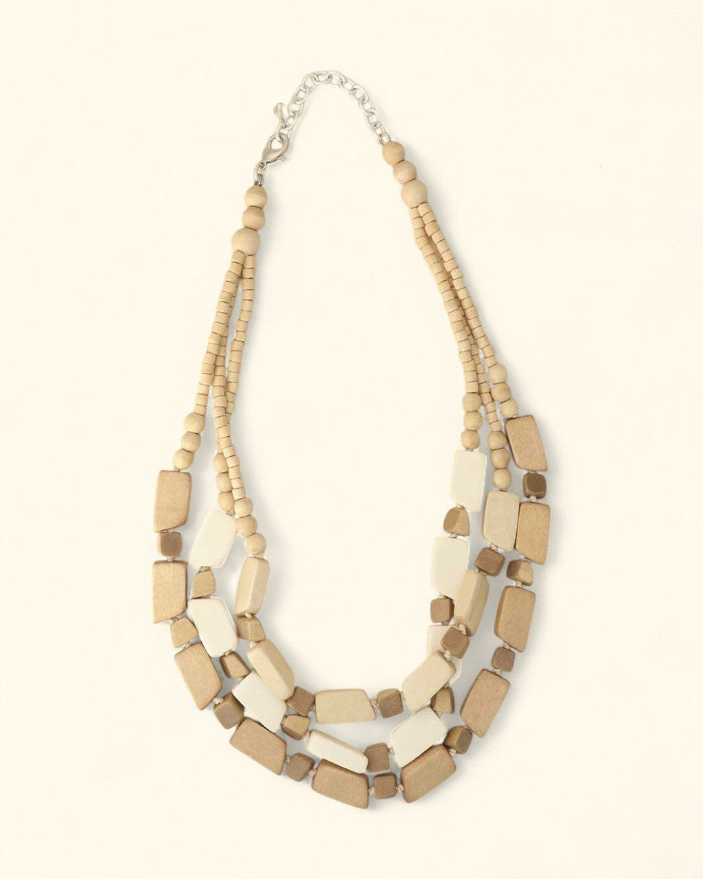 Three-Strand Wood Bead Necklace in Cream and Tan
