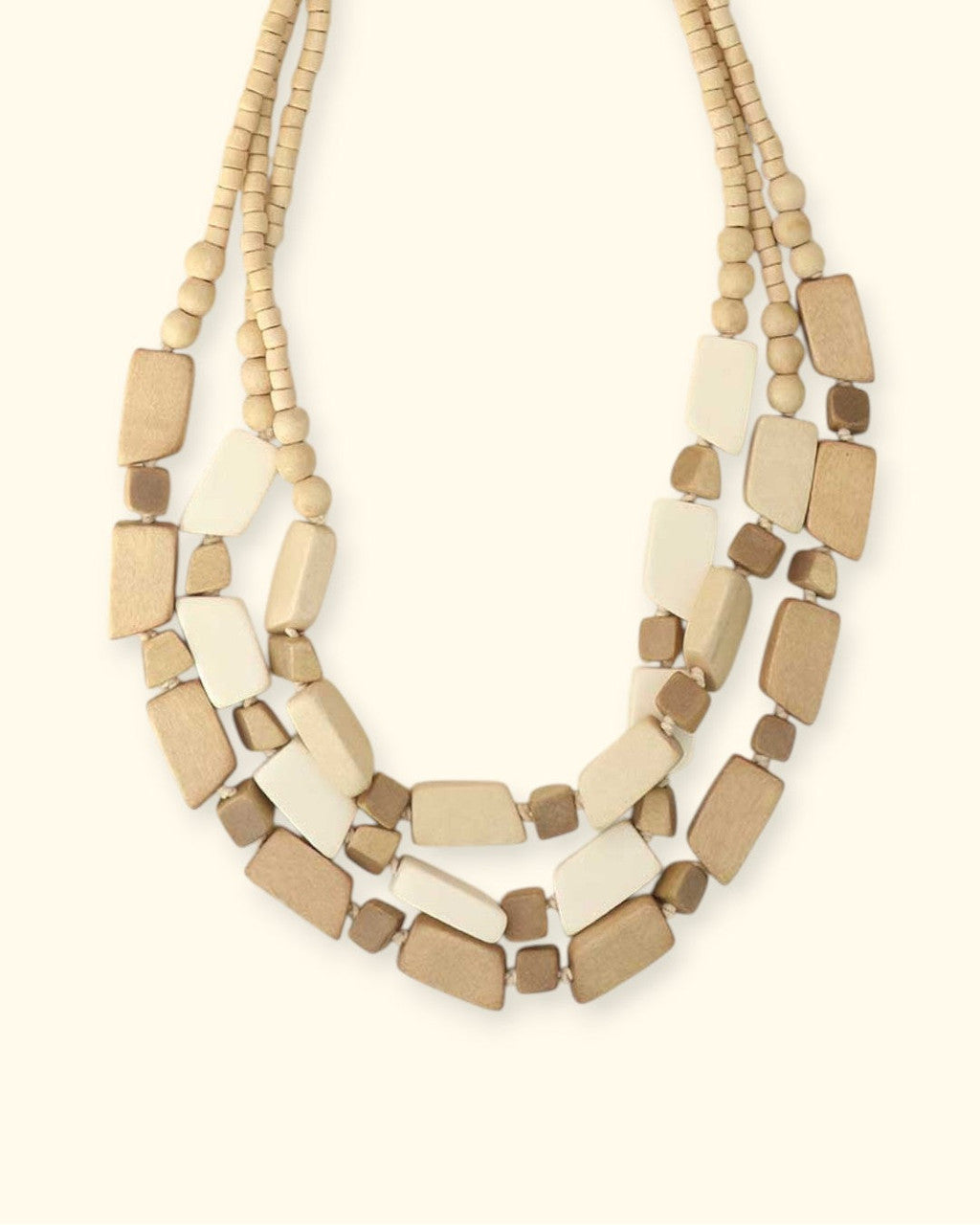 Three-Strand Wood Bead Necklace in Cream and Tan