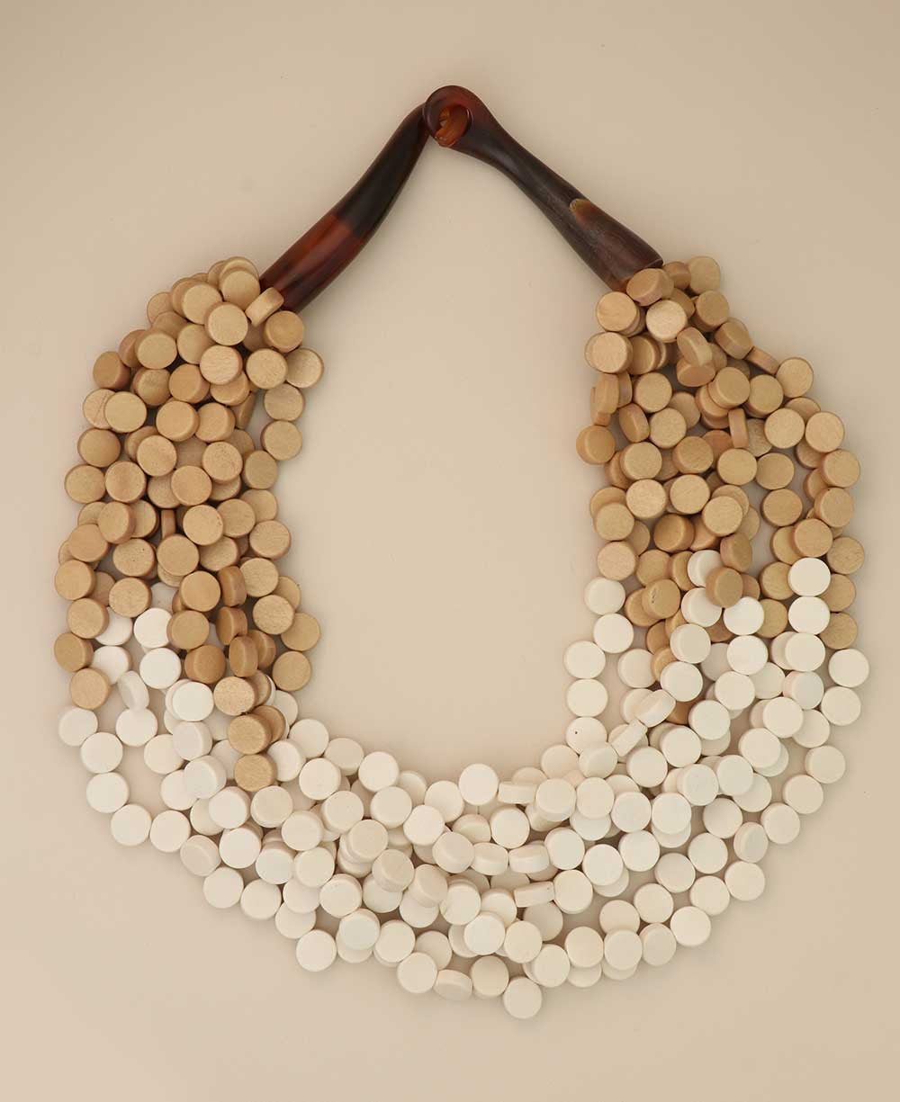 Multi-Strand Wood Disc Bib Necklace, Cream-to-Beige Ombré