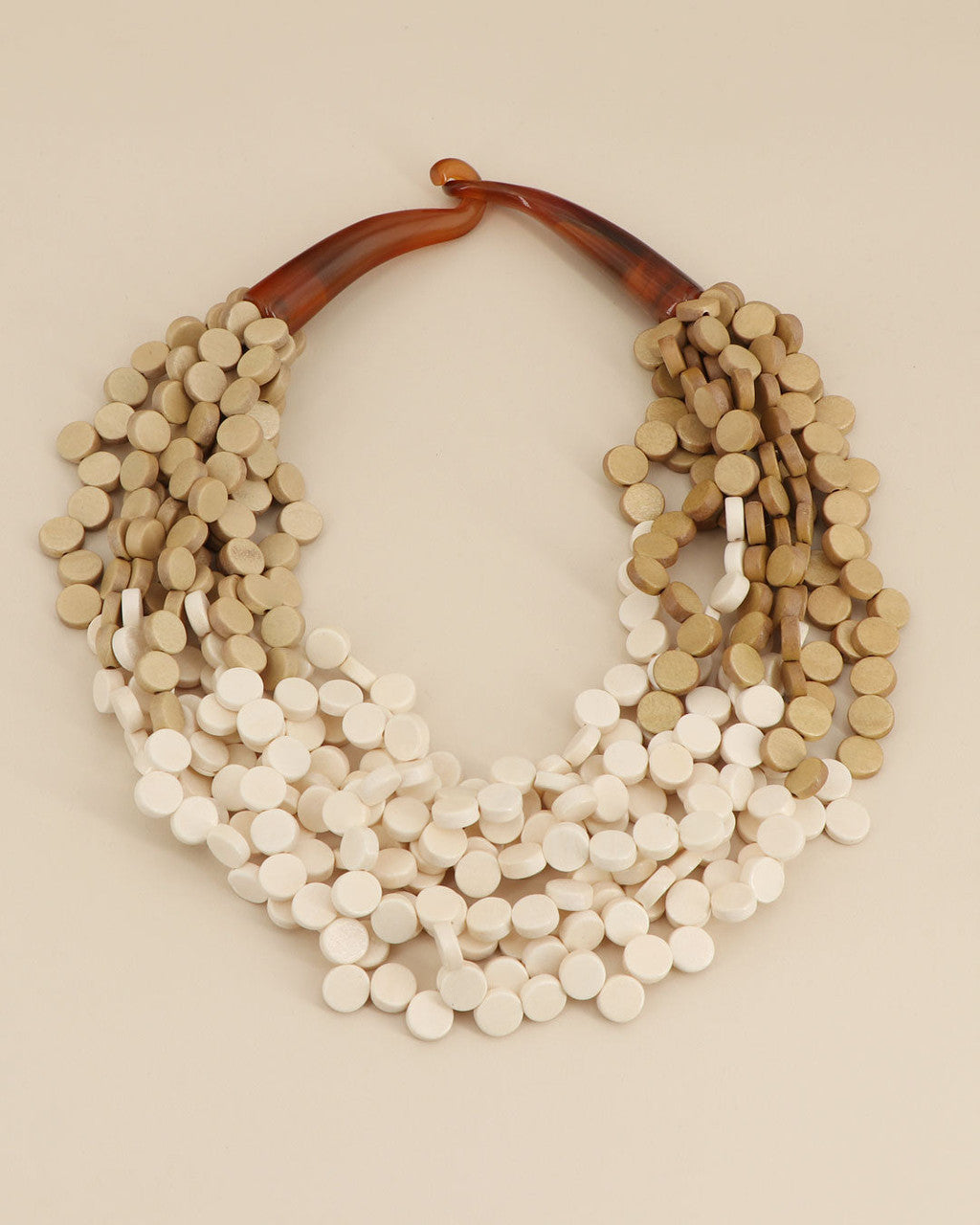 Multi-Strand Wood Disc Bib Necklace, Cream-to-Beige Ombré
