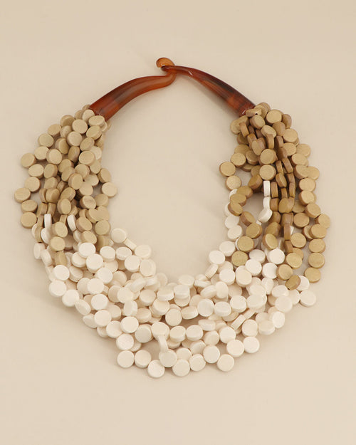 Multi-Strand Wood Disc Bib Necklace, Cream-to-Beige Ombré