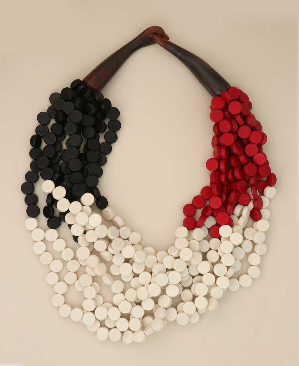 Color-Blocked Wood Disc Bib Necklace in Black, Red and Cream