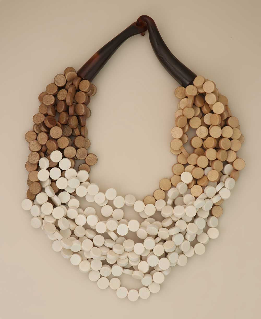 Cream, Beige and Brown Wood Disc Bib Necklace