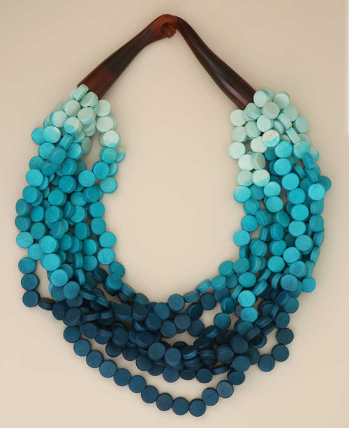 Aqua Ombre Wooden Disc Multi-Strand Necklace