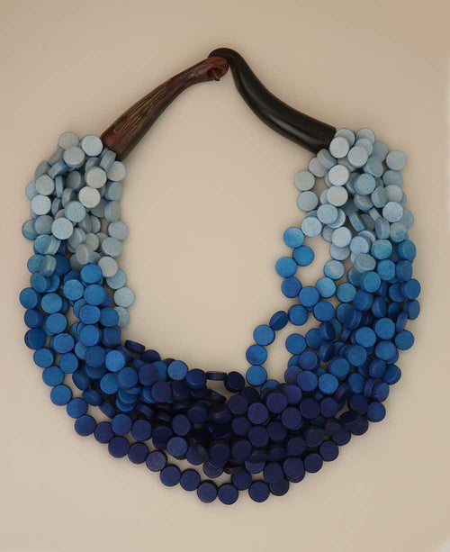 Indigo Gradient Wood Disc Bib Necklace