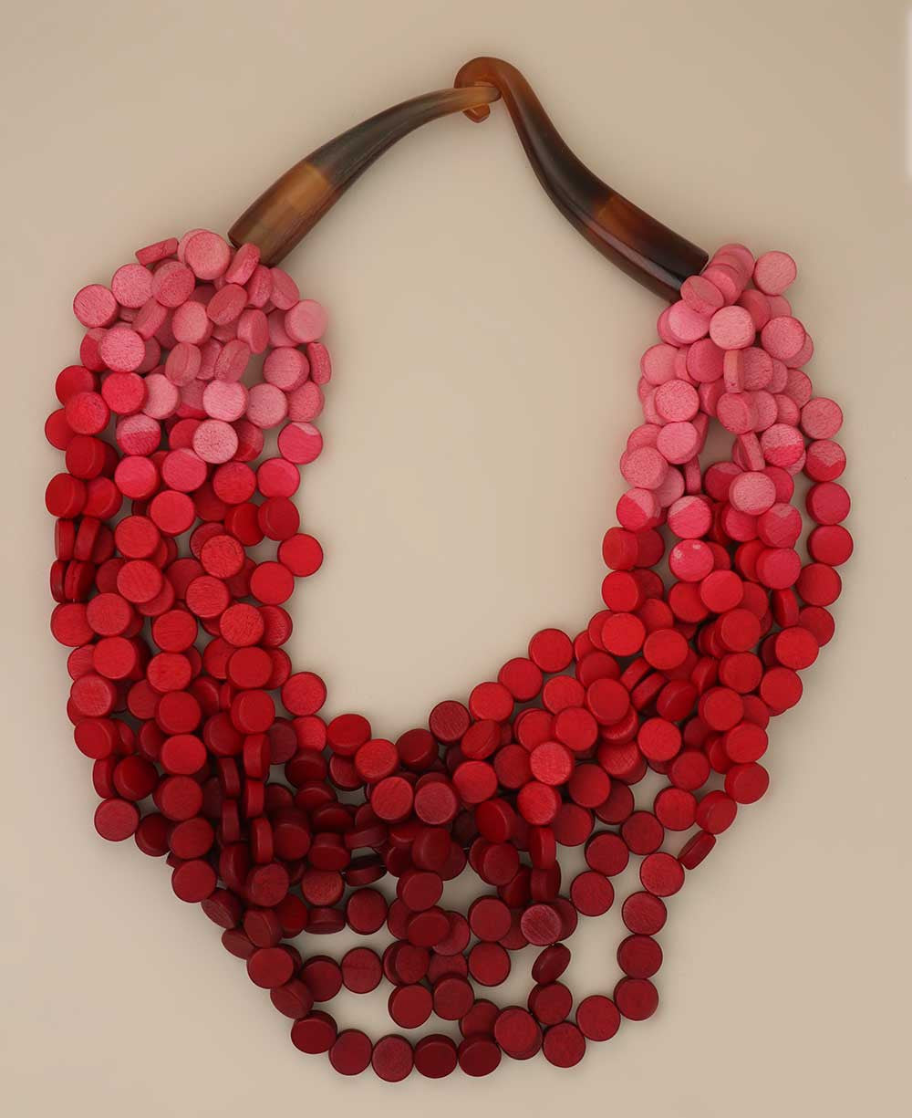 Multi-Strand Wooden Disc Necklace in Pink to Wine