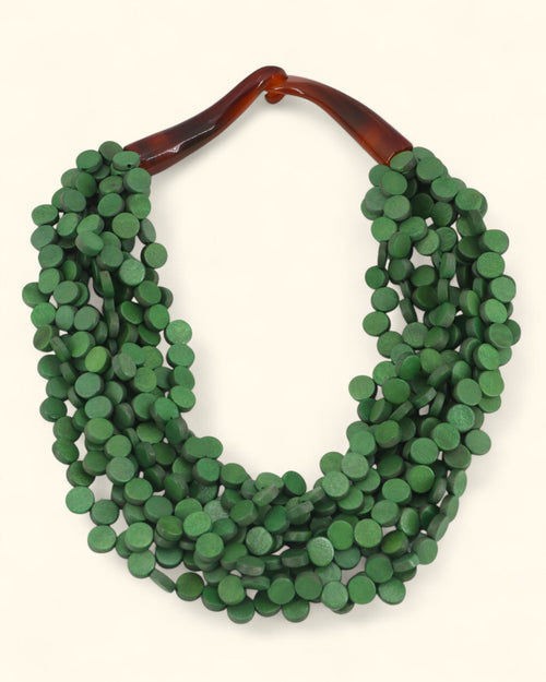 Multi-Strand Green Wood Collar with Horn Hook