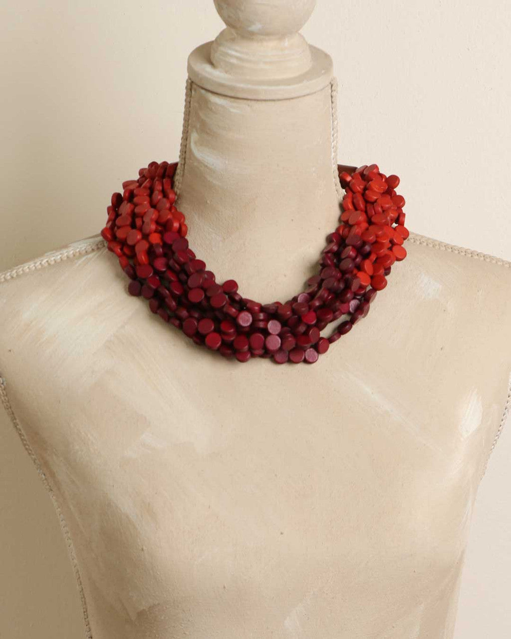 Twisted Wood Disc Necklace, Red to Burgundy