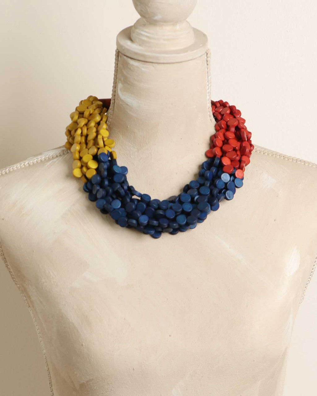Multi-Strand Wood Disc Collar in Red, Yellow and Blue