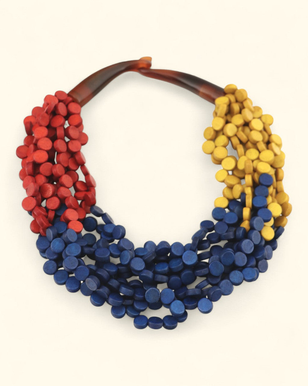 Multi-Strand Wood Disc Collar in Red, Yellow and Blue