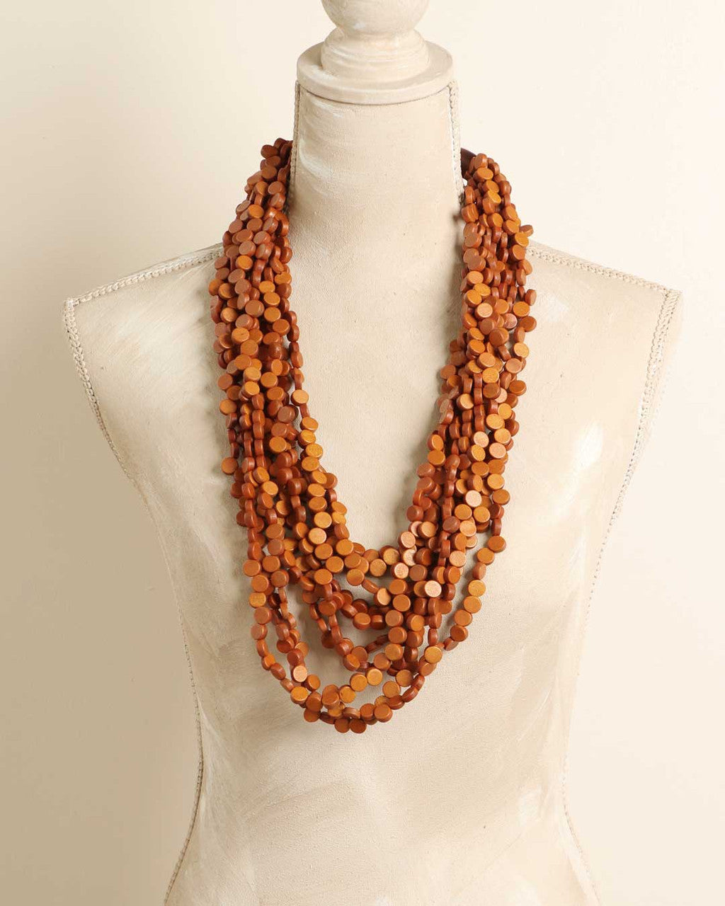 Multi-Strand Wood Disc Necklace in Burnt Amber