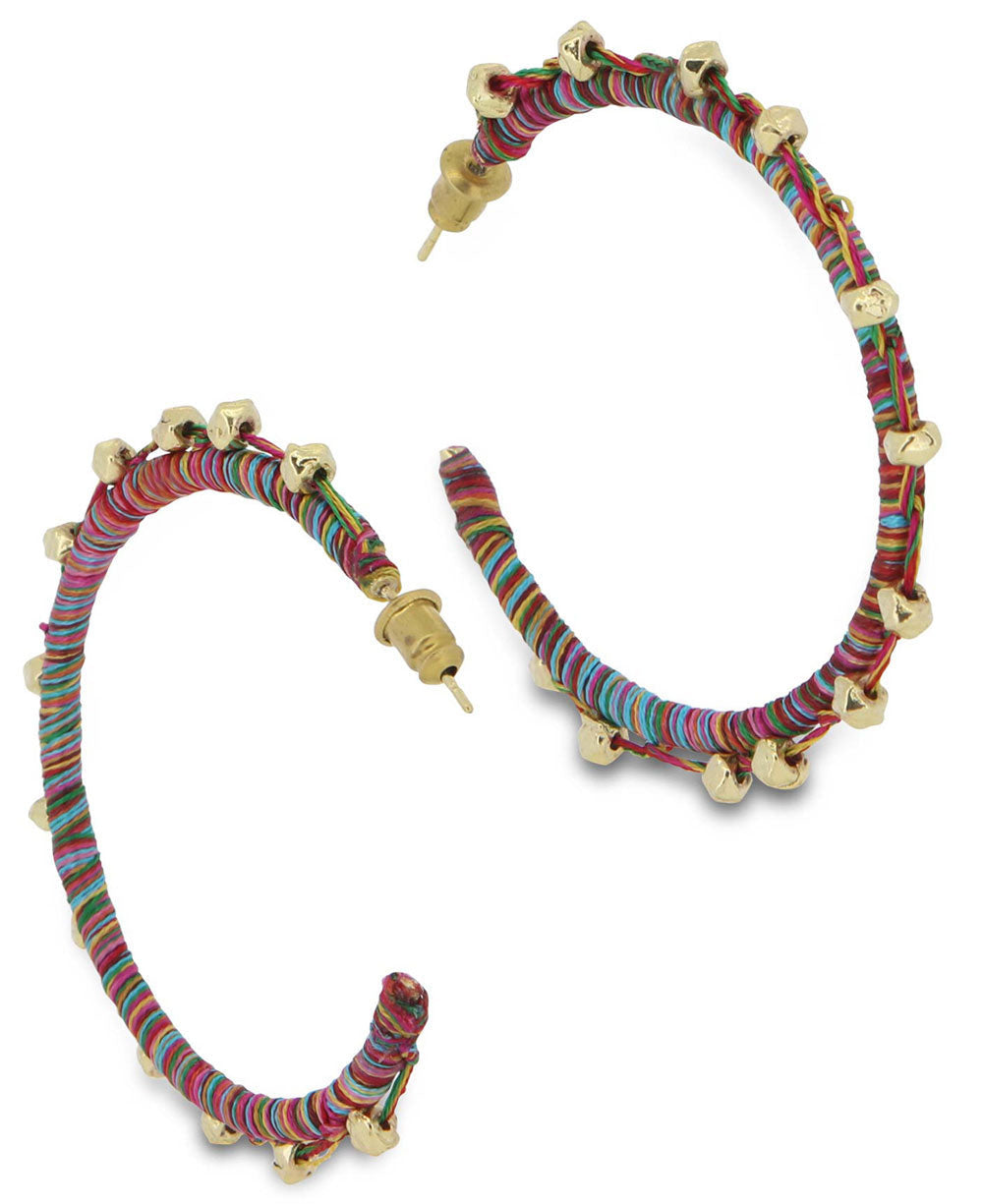 Multicolor Thread-Wrapped Hoop Earrings with Gold Beads