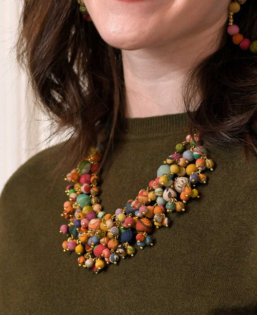 Multicolor Kantha Cluster Bib Necklace