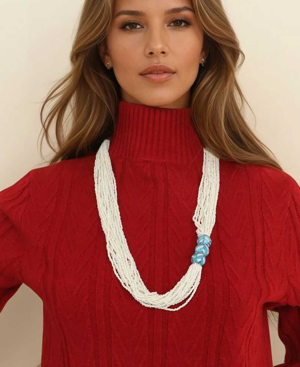 Blue-Painted Ceramic Trio Multi-Strand Bead Necklace