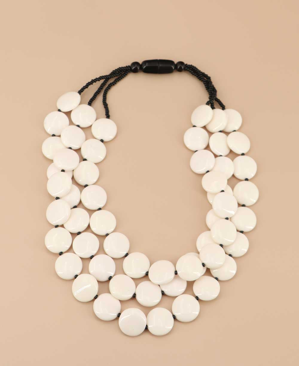 White Resin Disc Three-Strand Bib Necklace