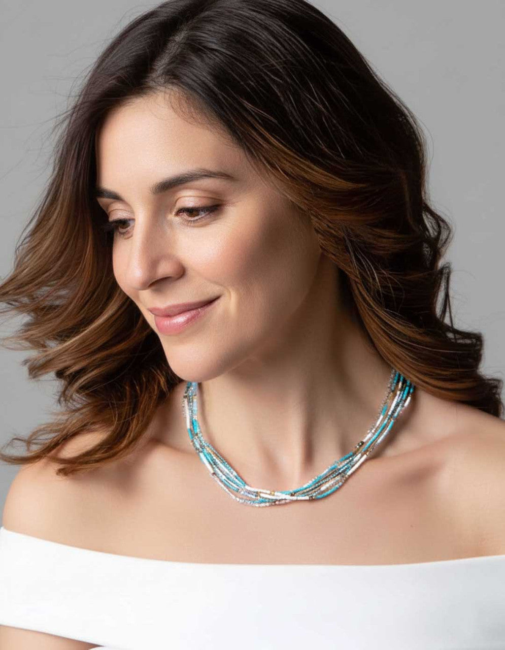 Turquoise and Silver Multistrand Seed Bead Necklace