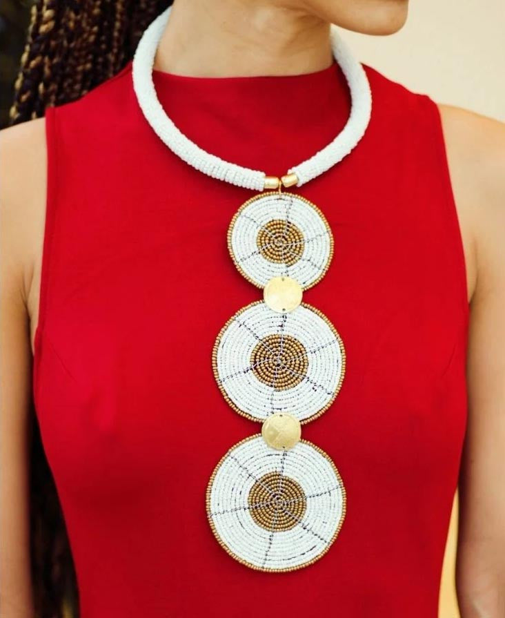 Graduated Beaded Disc Necklace with Brass Coins