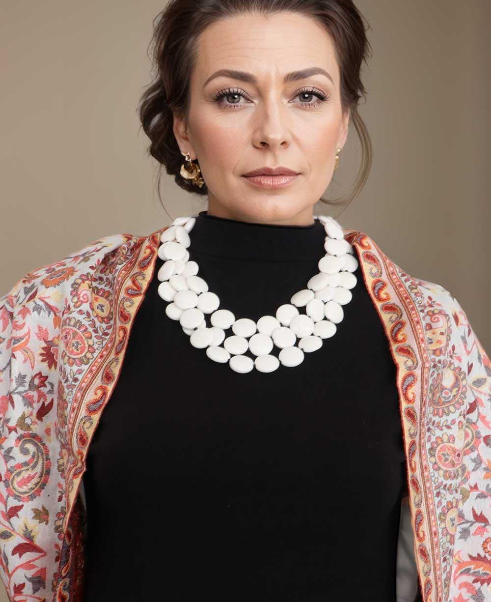 White Resin Disc Three-Strand Bib Necklace