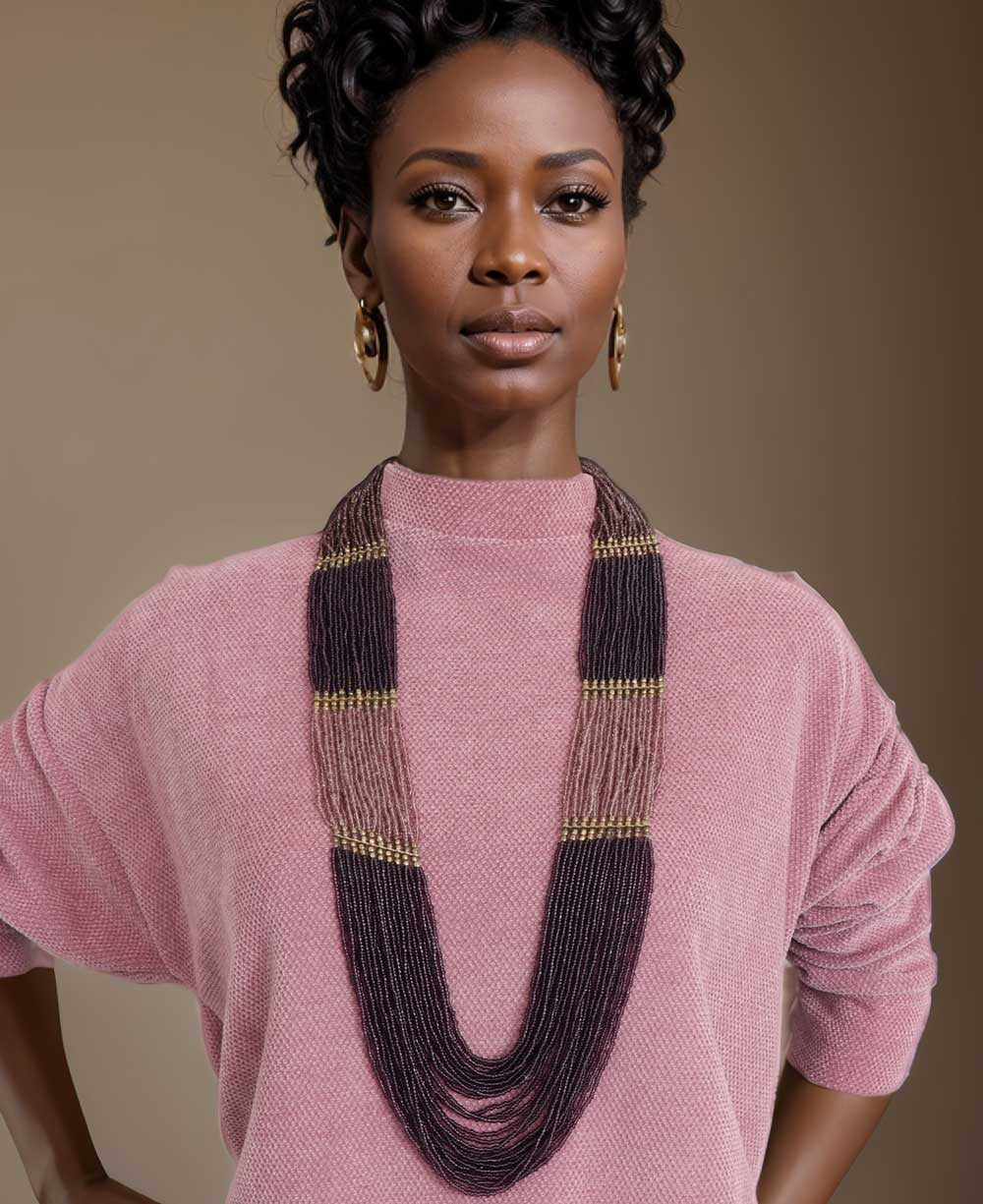 Long Multi-Strand Seed Bead Necklace in Wine and Blush