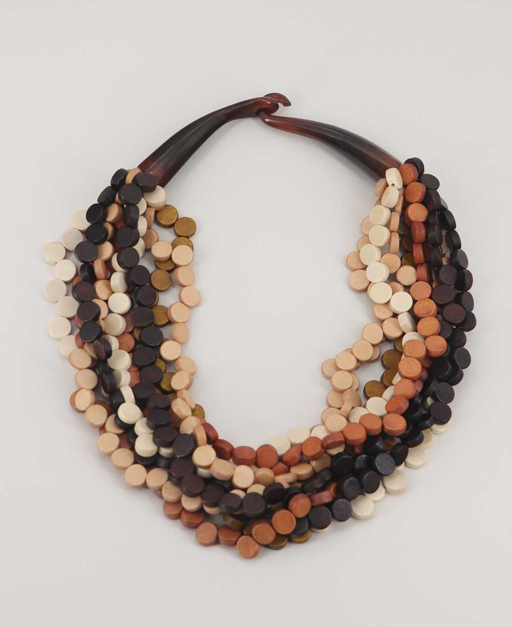 Twisted Wood Disc Collar in Cream, Rust and Espresso