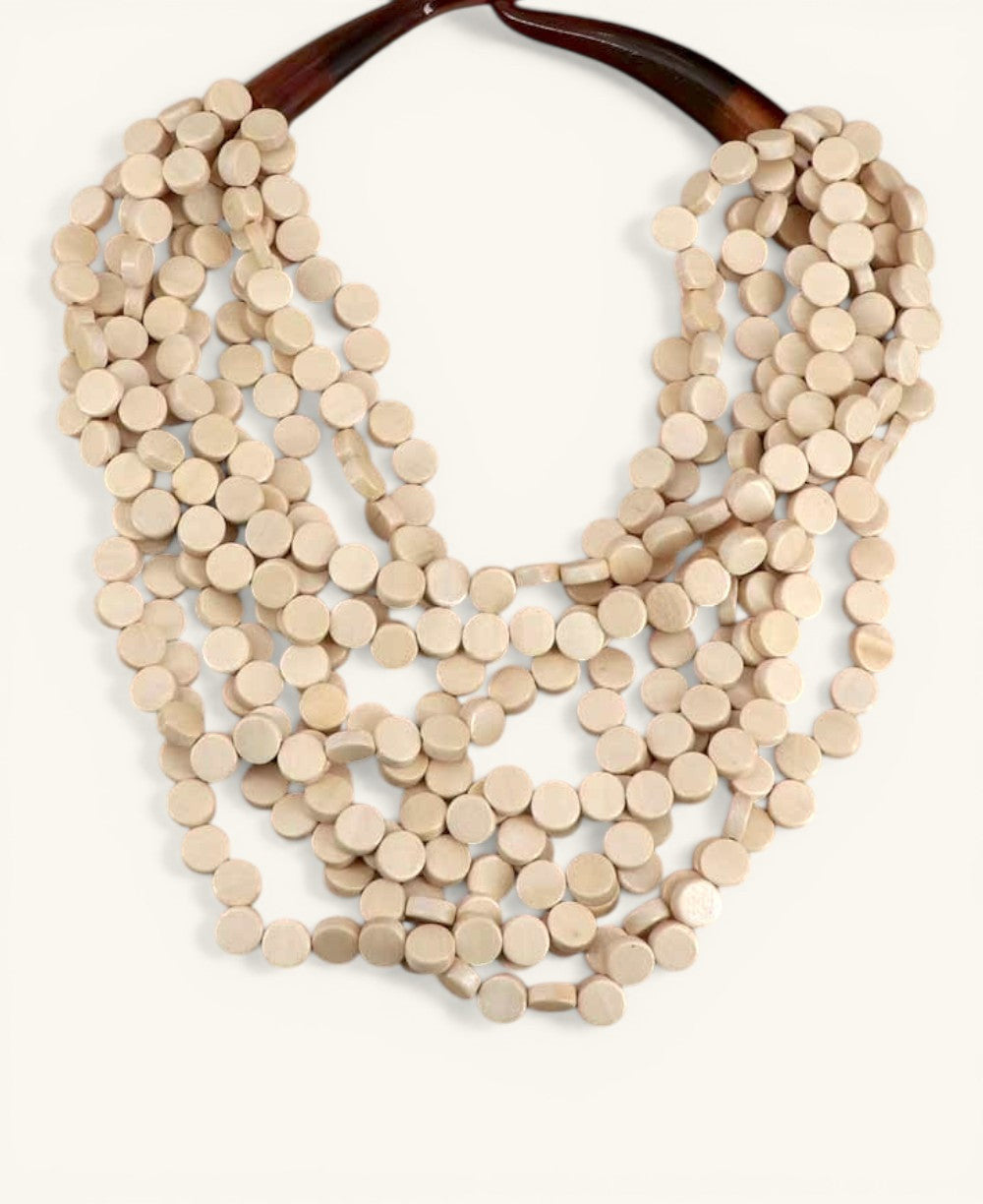 Cream Wood Disc Multi-Strand Bib Necklace