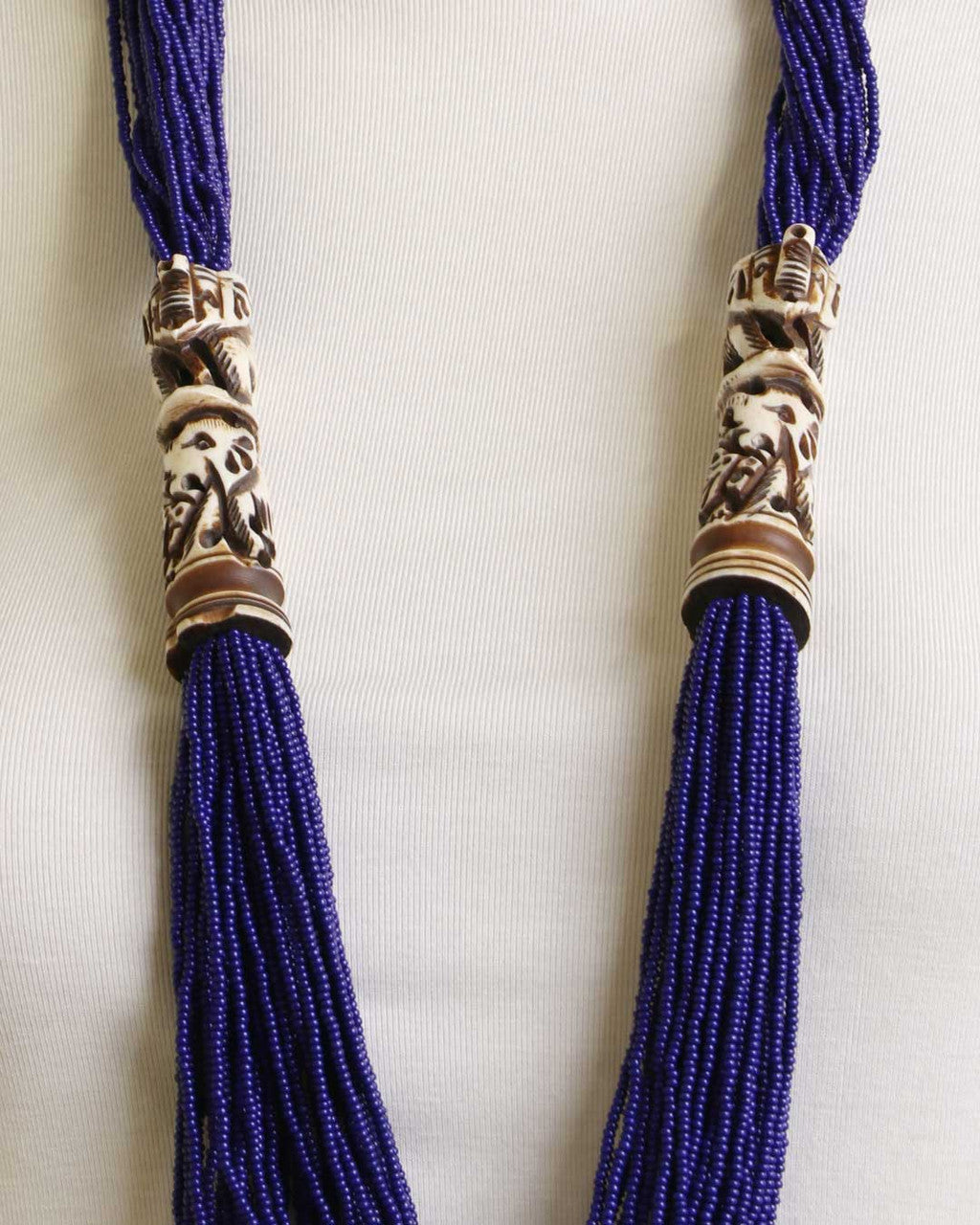 Cobalt Seed Bead Necklace with Carved Bone Elephants