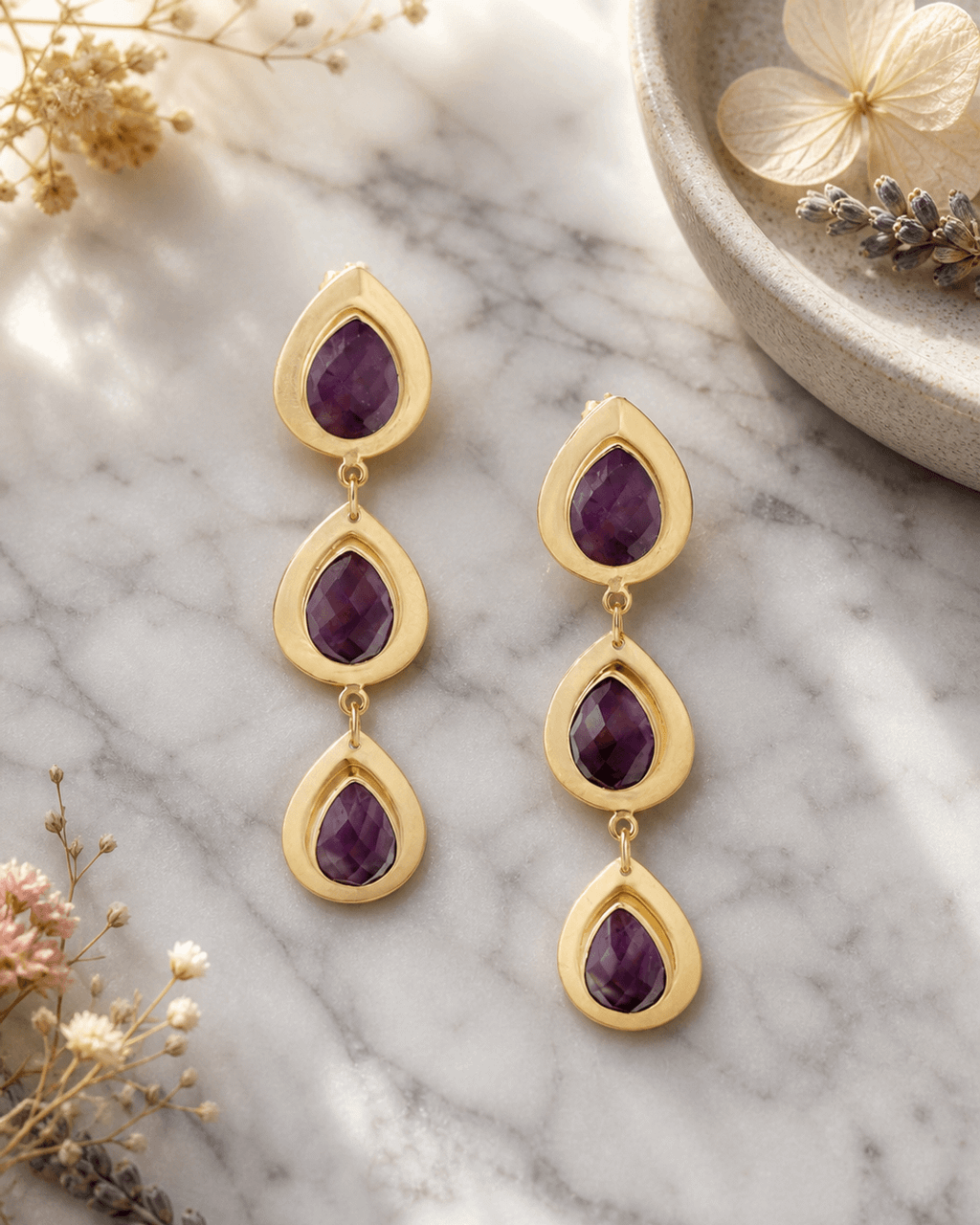 Triple Amethyst Teardrop Drop Earrings