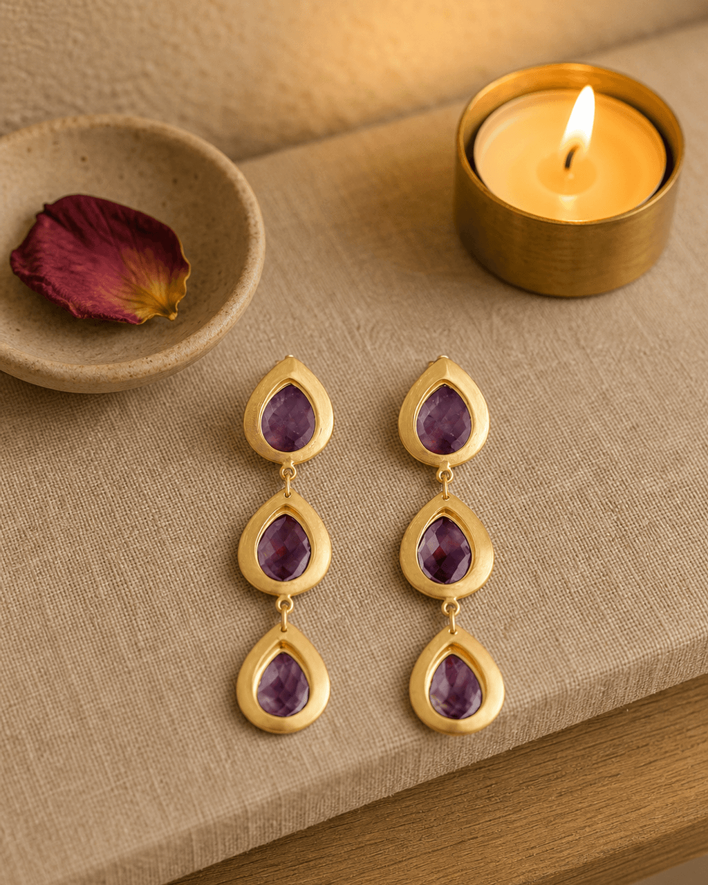Triple Amethyst Teardrop Drop Earrings