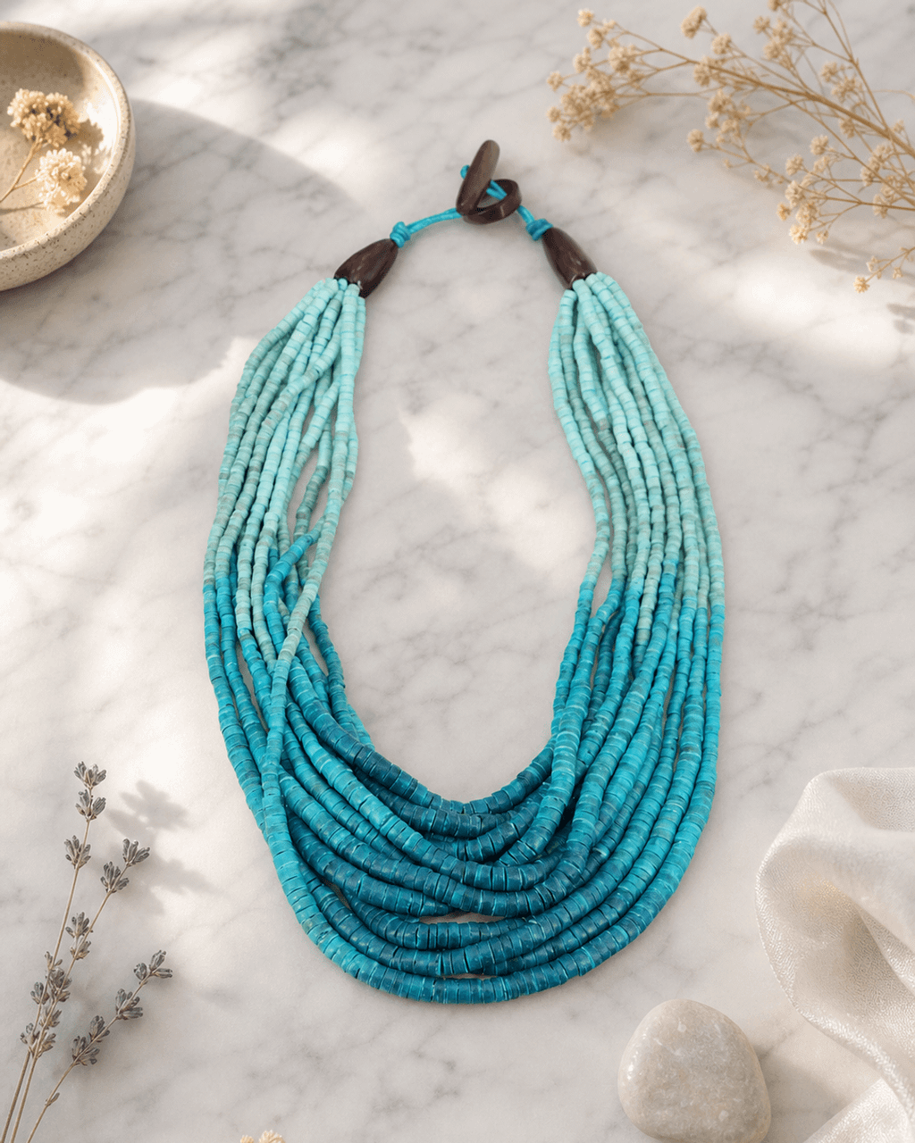 Aqua Ombre Coconut Bead Bib Necklace