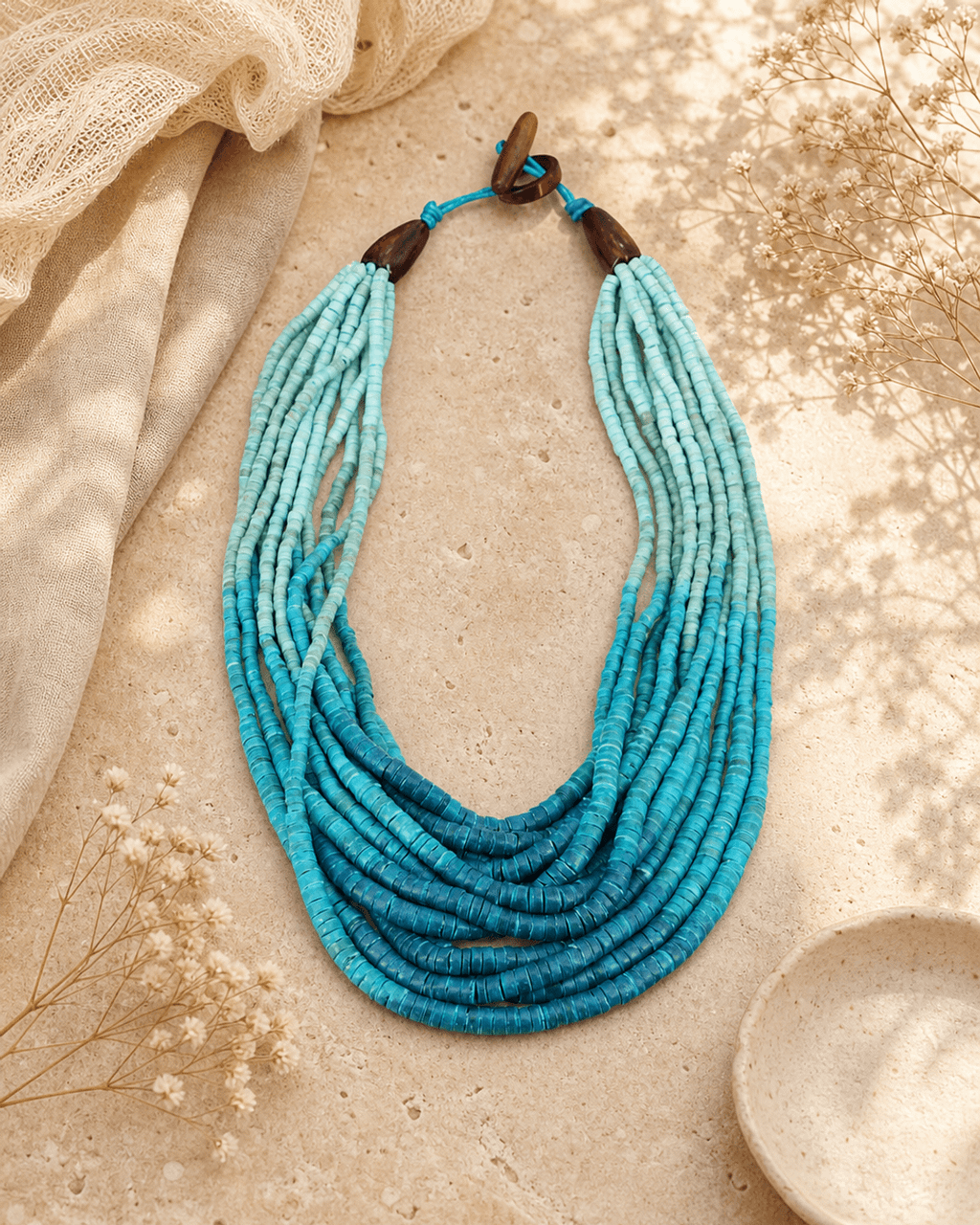 Aqua Ombre Coconut Bead Bib Necklace