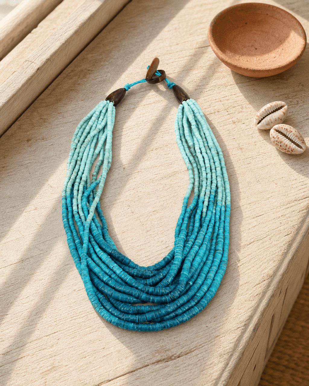 Aqua Ombre Coconut Bead Bib Necklace