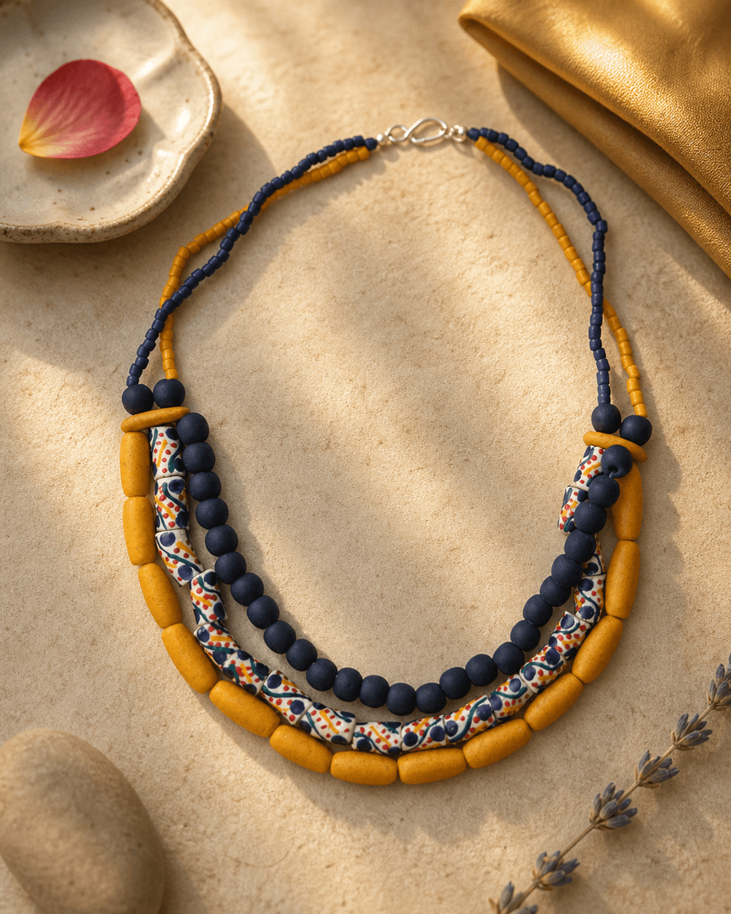 Three-Row Glass Bead Necklace in Navy, Mustard and White