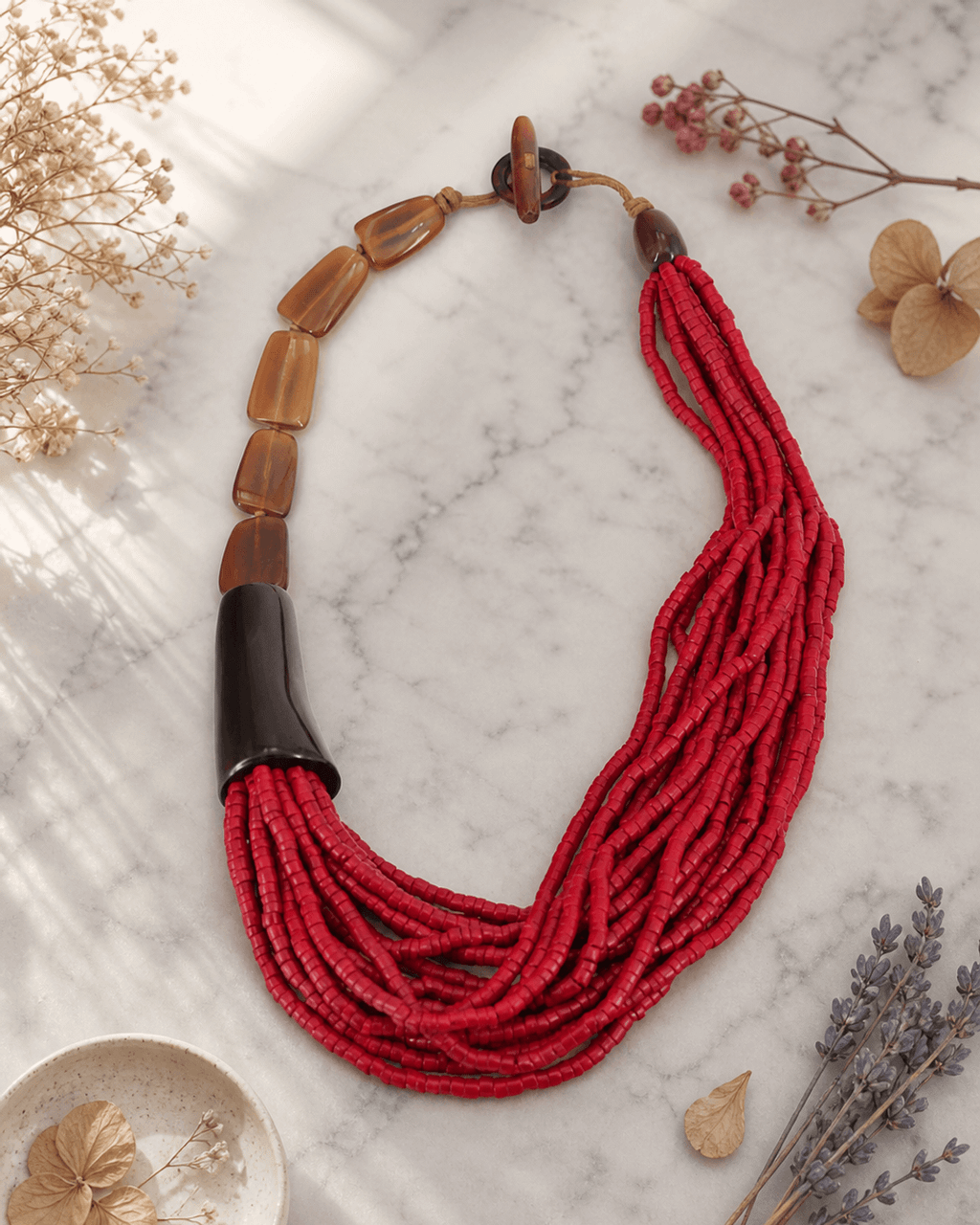 Asymmetric Crimson Bead and Horn Necklace
