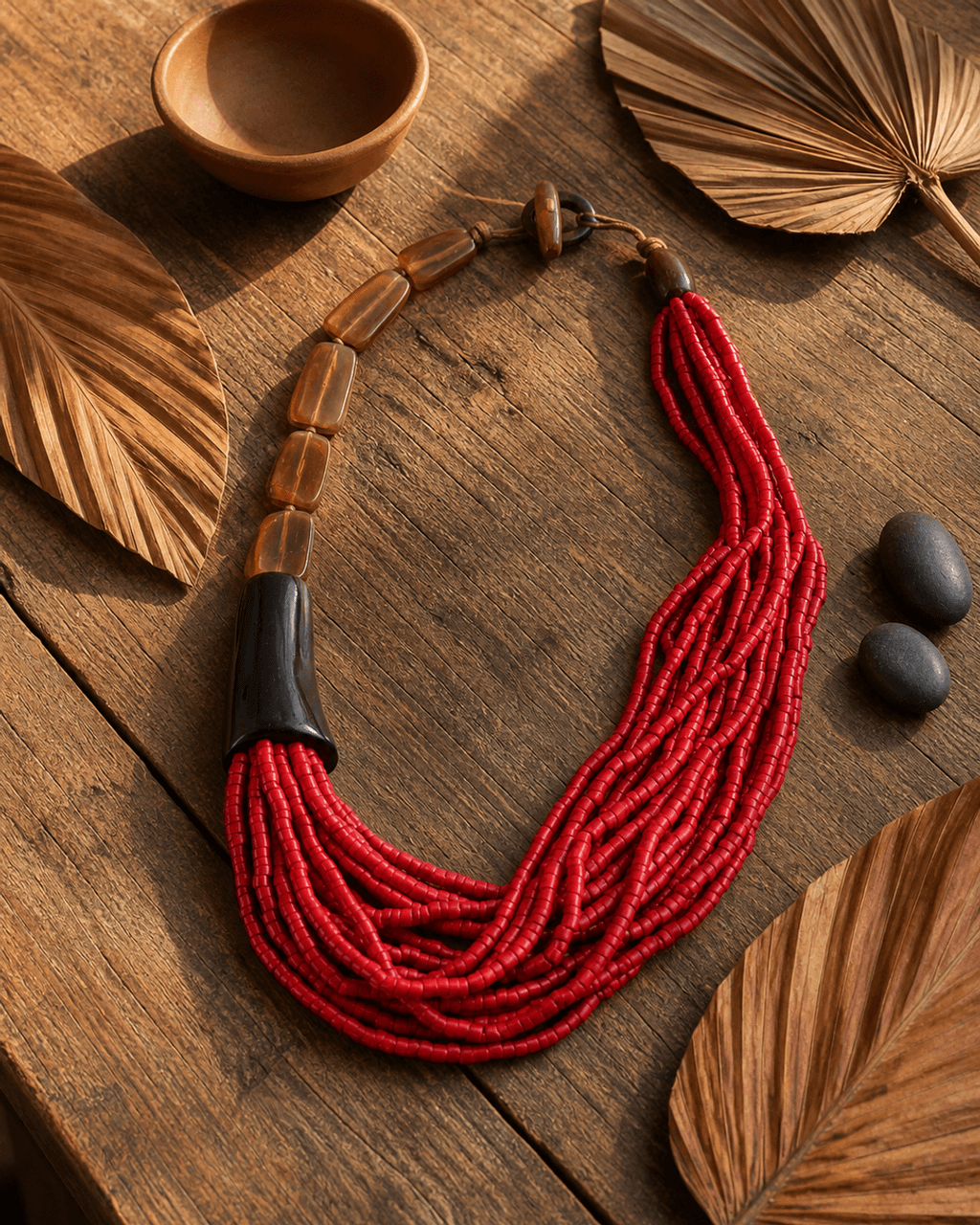 Asymmetric Crimson Bead and Horn Necklace