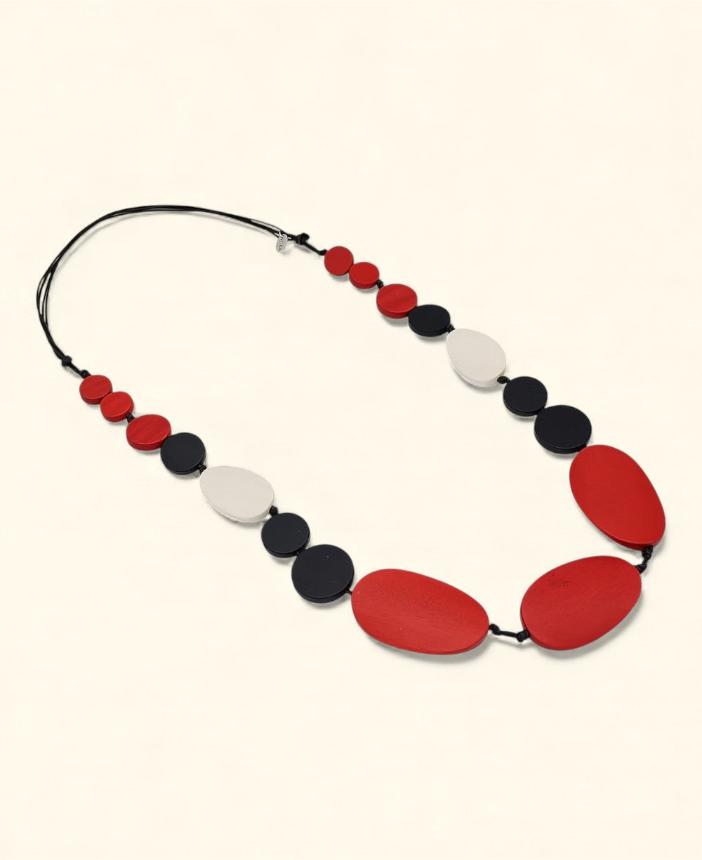 Graduated Wood Bead Necklace in Red, Black and Cream