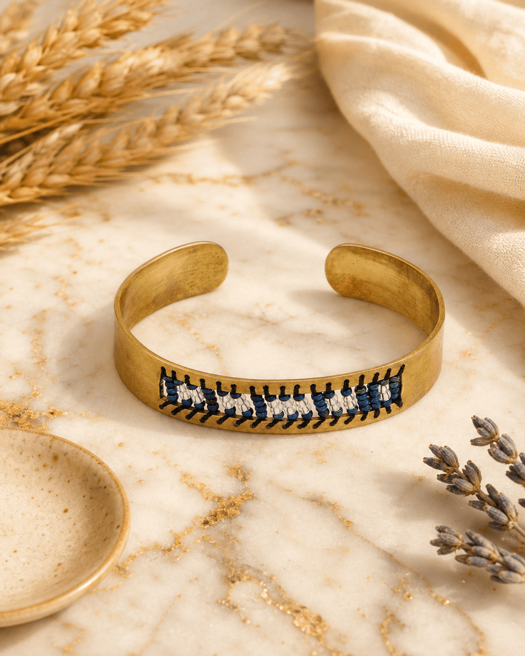 Morse Code Beaded Brass Cuff