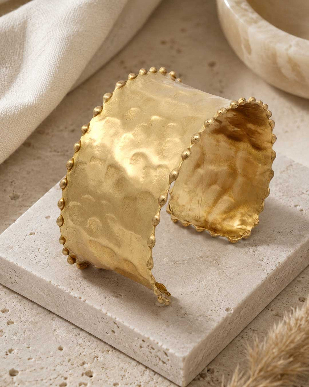 Hammered Brass Cuff with Beaded Rim