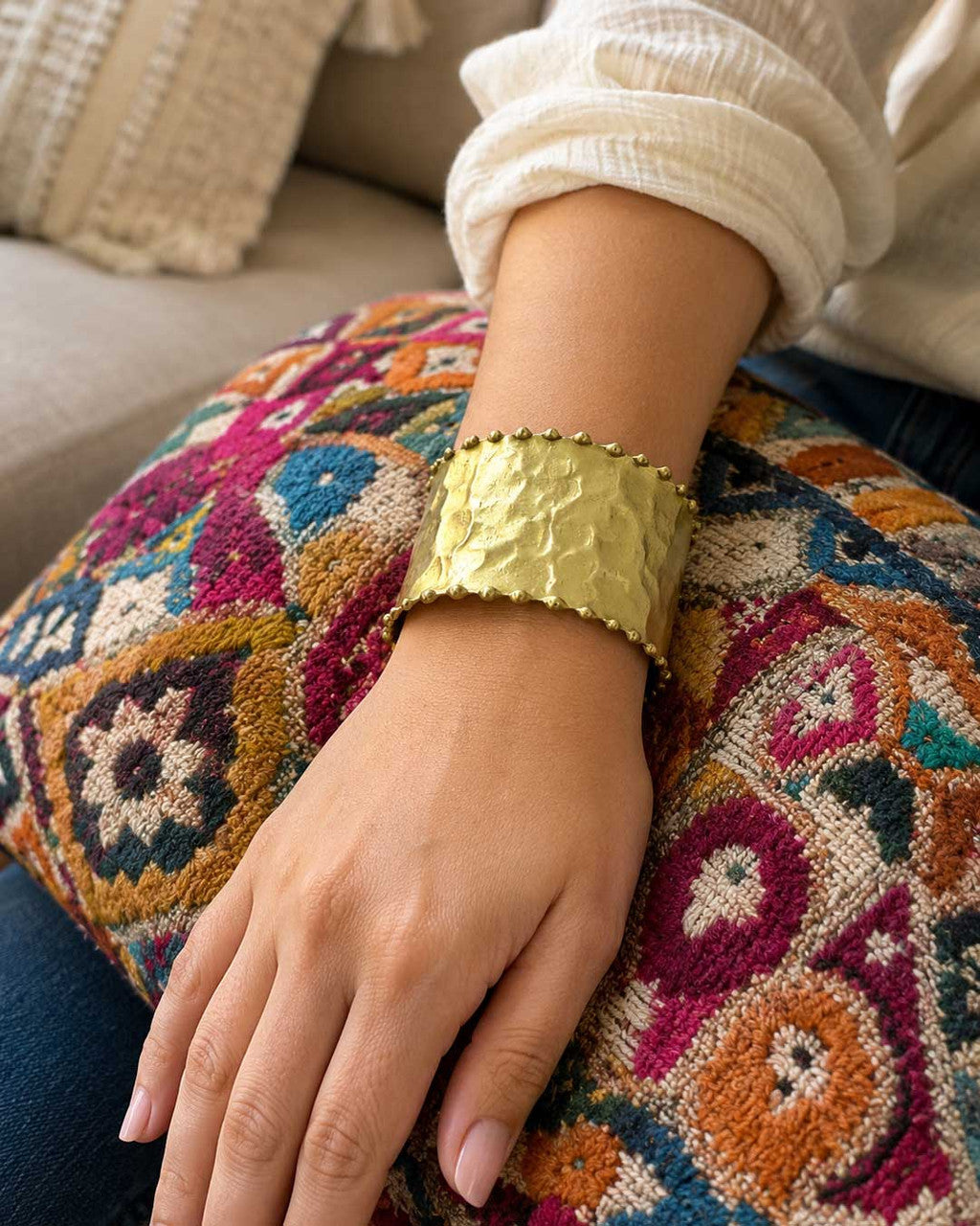 Hammered Brass Cuff with Beaded Rim