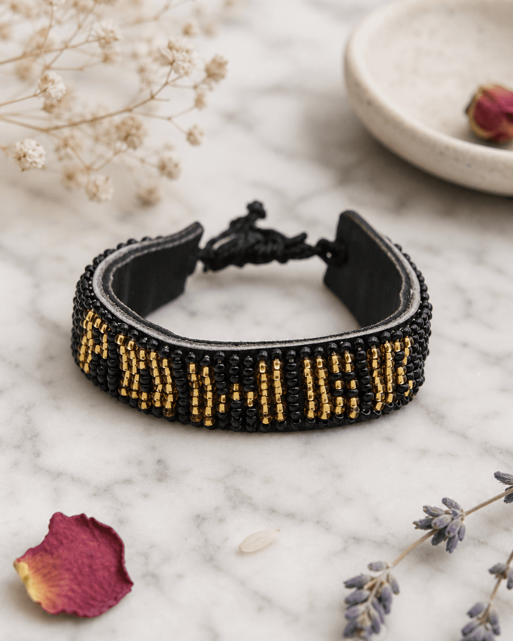Beaded POWER Leather Cuff, Black and Gold