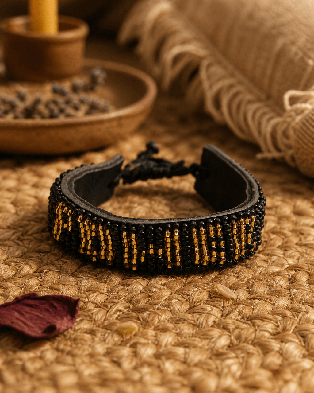 Beaded POWER Leather Cuff, Black and Gold